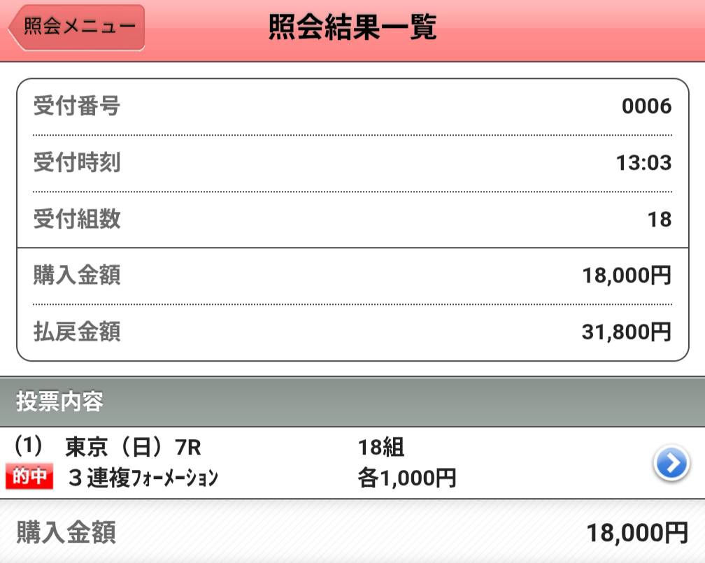 東京7R 3連複フォーメーション 31,800円的中